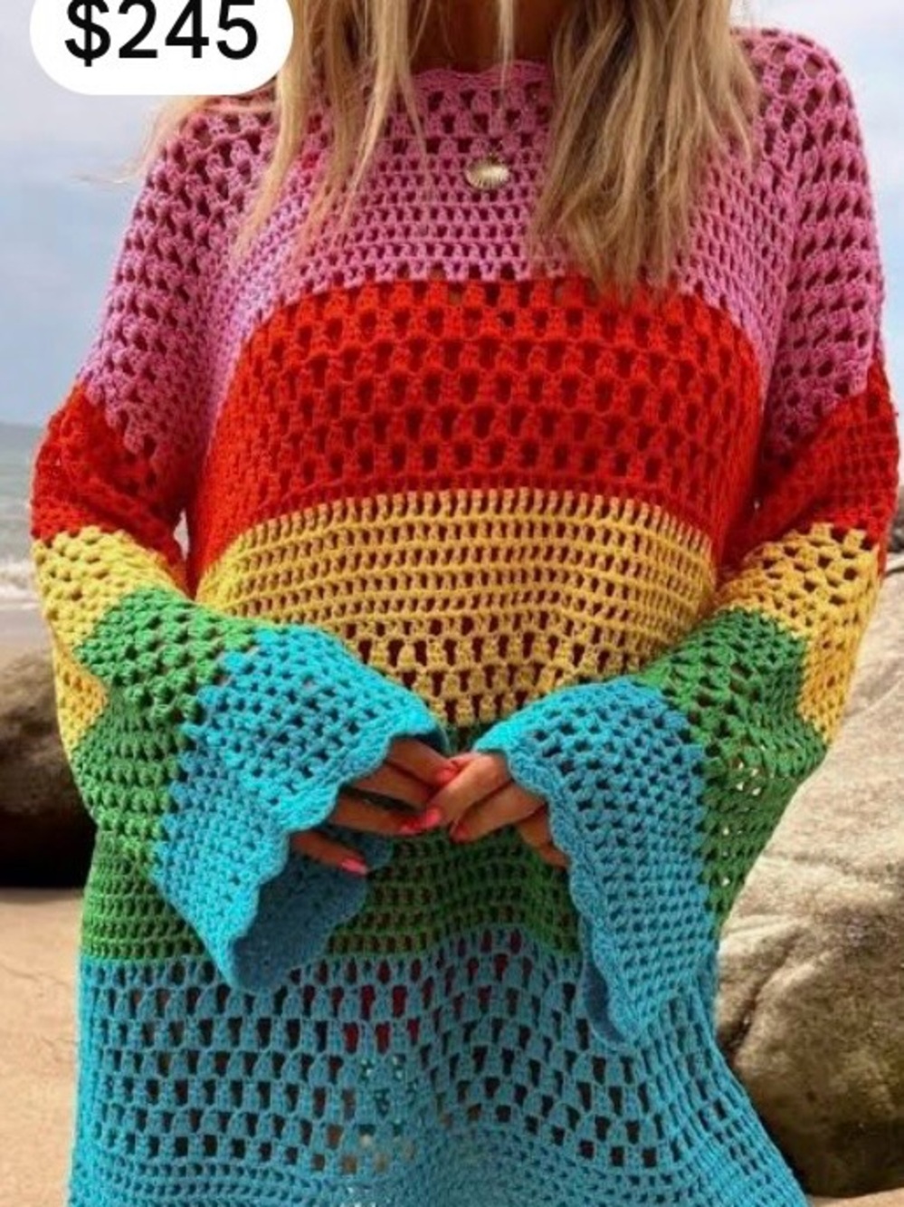 Pink Multicolor crochet Tunic Sweater Beach cover-up XXL NWOT
